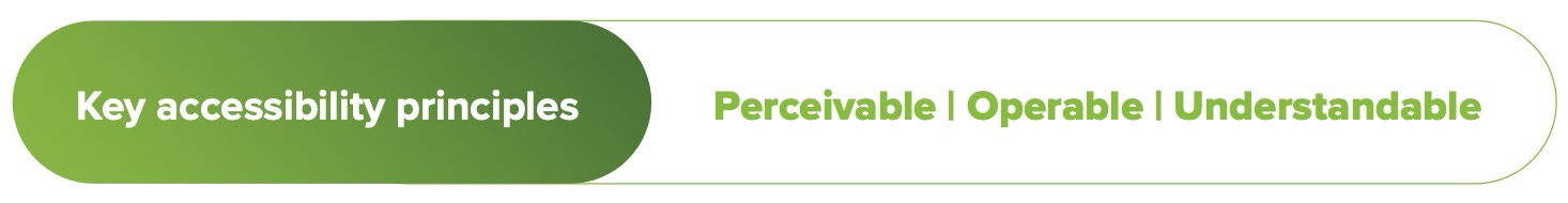 A horizontal, pill-shaped banner split into two sections: the left half is solid dark green with the white text “Key accessibility principles,” and the right half is outlined in light green with the green text “Perceivable | Operable | Understandable.”