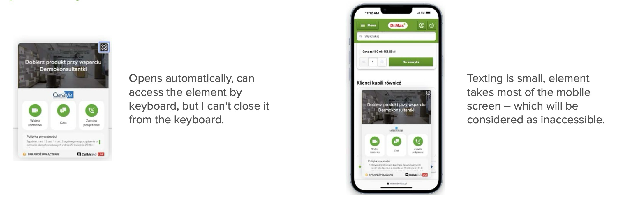 Desktop and mobile screenshots showing a dermatology consultation pop-up that opens automatically. The desktop view can be navigated by keyboard but not closed via keyboard. The mobile view shows small text and a large overlay that obscures most of the screen.